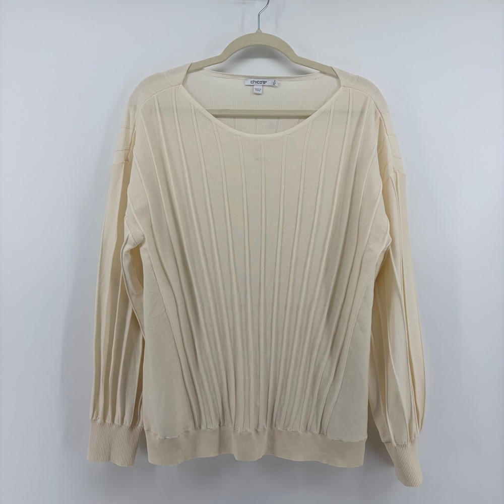 Chico's Women XL Cream Ribbed Long Sleeve Scoop Neck Textured Pullover Sweater